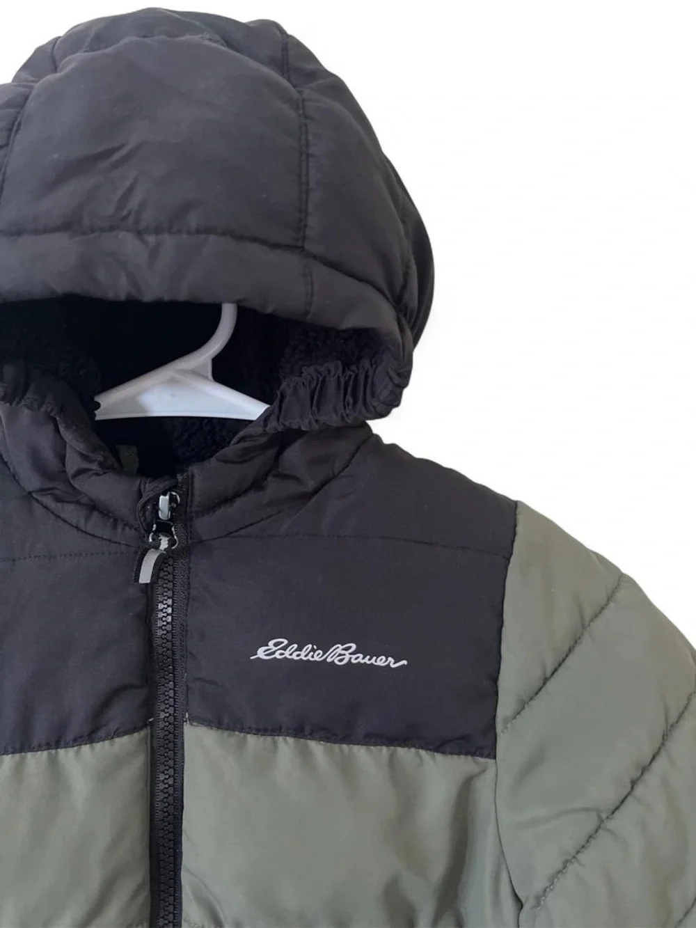 SOLD. Toddler Boy 3T Quilted Puffer Winter Coat Sherpa Hood Eddie Bauer Olive